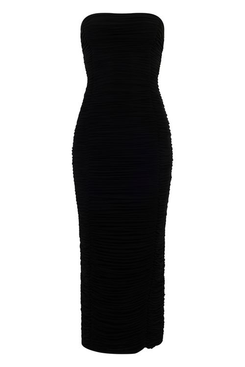 Strapless Midi Dress with Elegant Draping