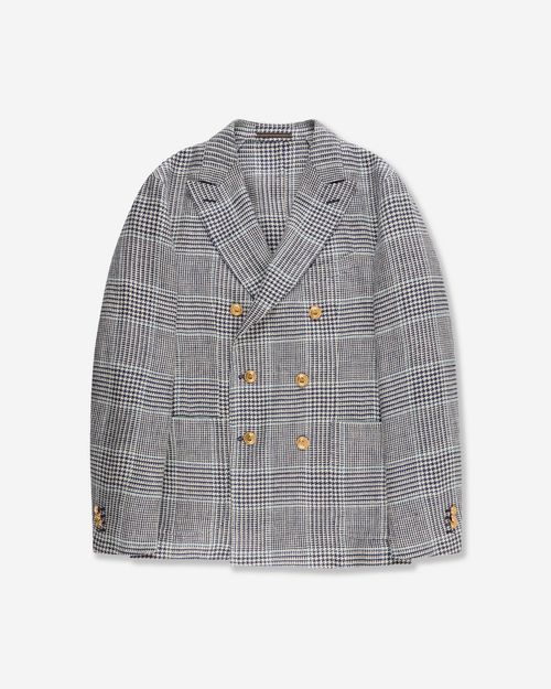 Regular fit linen and silk double-breasted jacket dark blue