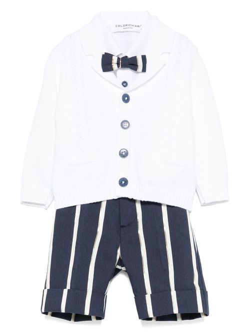 Striped shorts, shirt and cardigan set - White