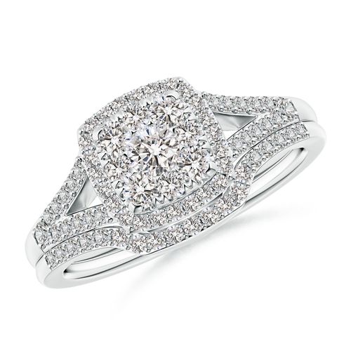 Angara 0.87 Carat Cushion Composite Diamond Halo Split Shank Bridal Set in Platinum