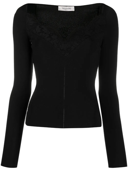 Lace-Trim Fitted Sweater — Black