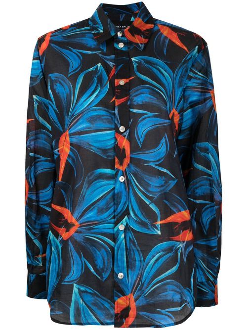 Night Blooming Flower-print cotton shirt - Blue