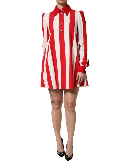 Striped Shirt Collar Dress — Red