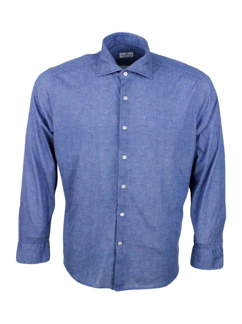 Luxury Shirt In Soft, Precious And Very Fine Stretch Cotton Flower With French Collar In Two-tone Melange Print