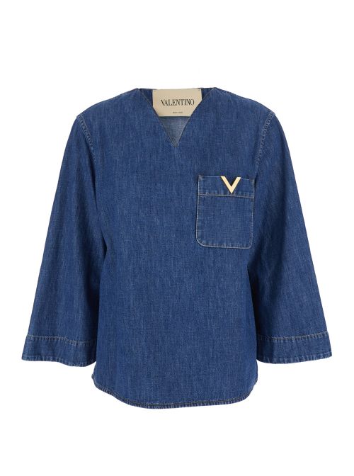 V-Neck Cotton Shirt — Blue