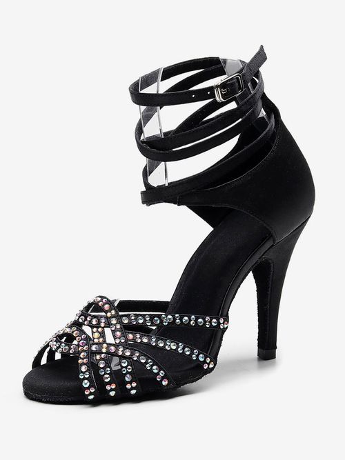 Women's Customized Latin Dance Shoes Black Open Toe Rhinestones Ballroom Dance Shoe