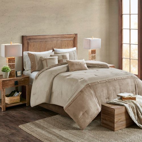 Ashley Boone Queen 7 Piece Faux Suede Comforter Set, Tan Q600013363