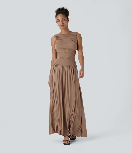 Ribbed Boat Neck Asymmetric Strap Ruched Pocket Flowy Maxi Casual Dress Casual Dress - Beaver Fur