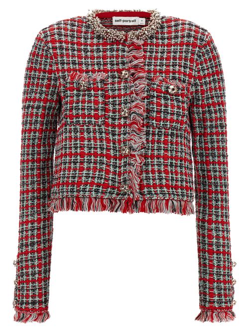 Fringed Check Tweed Jacket — Red
