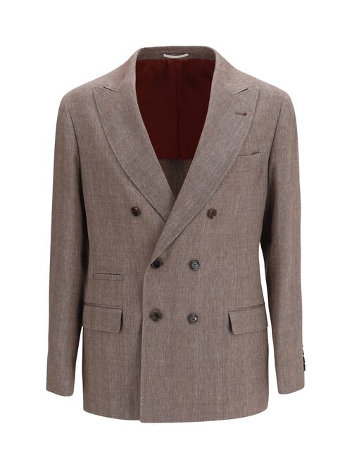 Double-Breasted Linen-Wool Blazer — Brown