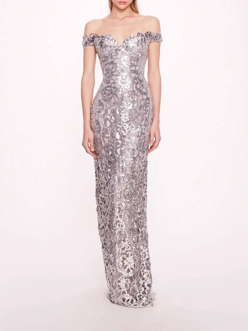 Organic Neckline Sequin Gown In Silver
