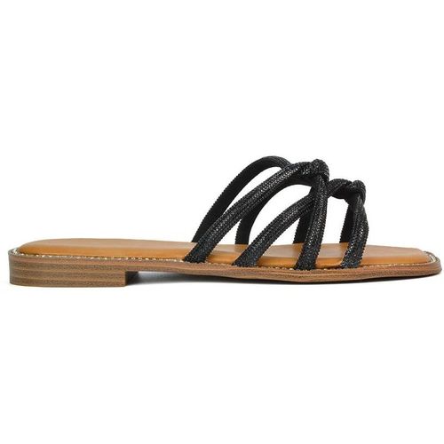 XY London Women's 'Sofia' Strappy Diamante Trim Square Toe Flat Sandals in Black