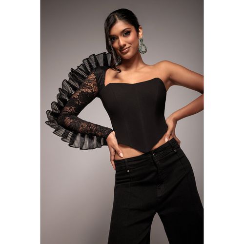 Goddiva One Shoulder Fan Pleat Frill Corset Top - Black