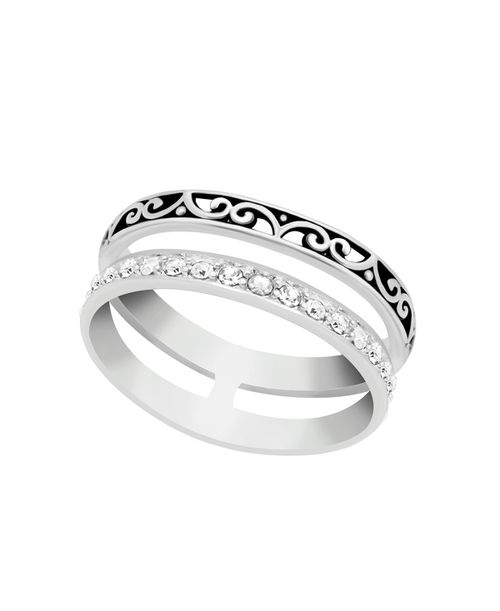 And Now This Oxidized and Clear Crystal Double Row Band Ring in Silver Plate - Silver