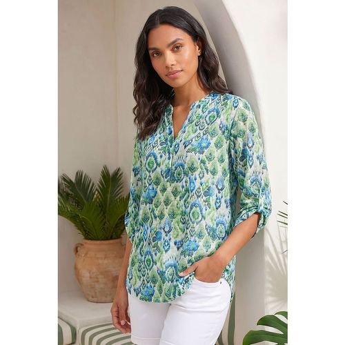 Roman Womens Aztec Burnout Print Relaxed V-Neck Tunic Top - Green