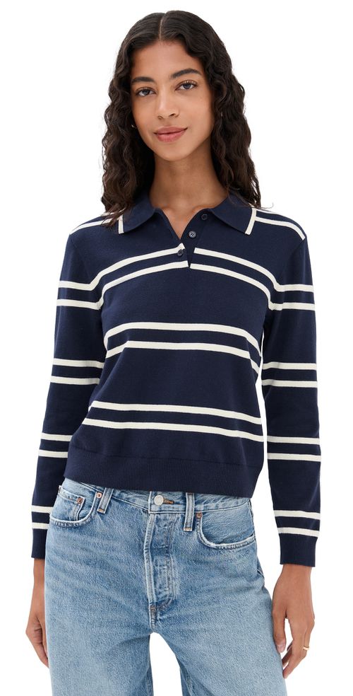 Long Sleeve Striped Polo Green/White