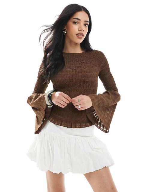 ASOS DESIGN shirred angel sleeve top in chocolate-Brown