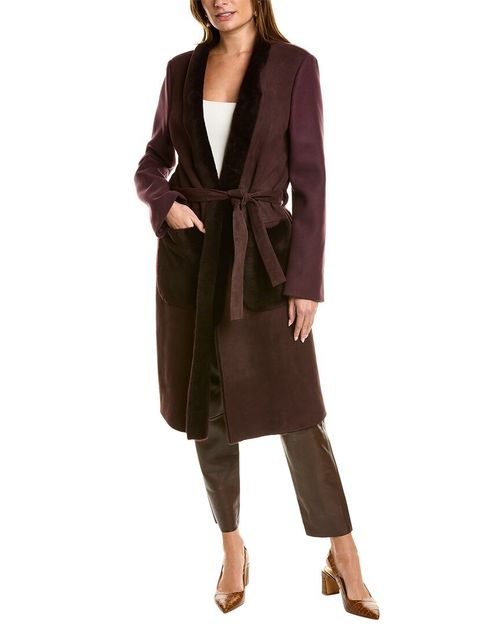 Leather-Trim Wool Coat