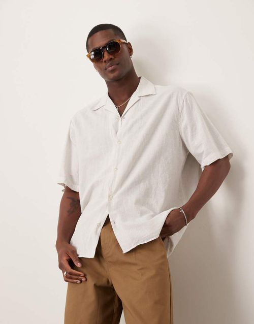 Selected Homme revere collar linen blend shirt in white stripes