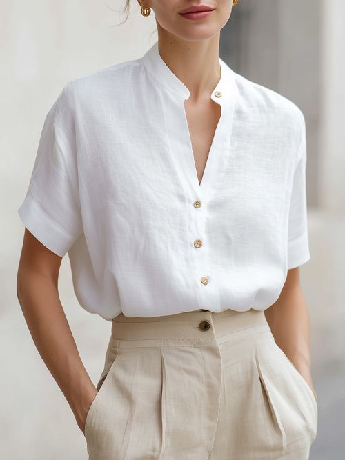 White Linen-Blend Stand Collar Short-Sleeve Blouse - White