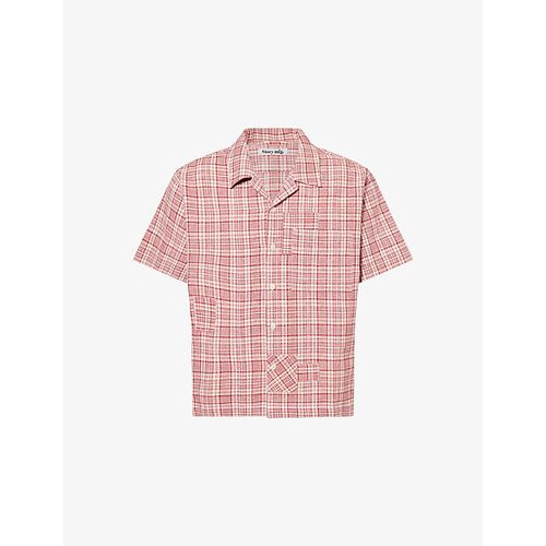 Mens Red Check Greetings Short-Sleeves Cotton-Knit Shirt