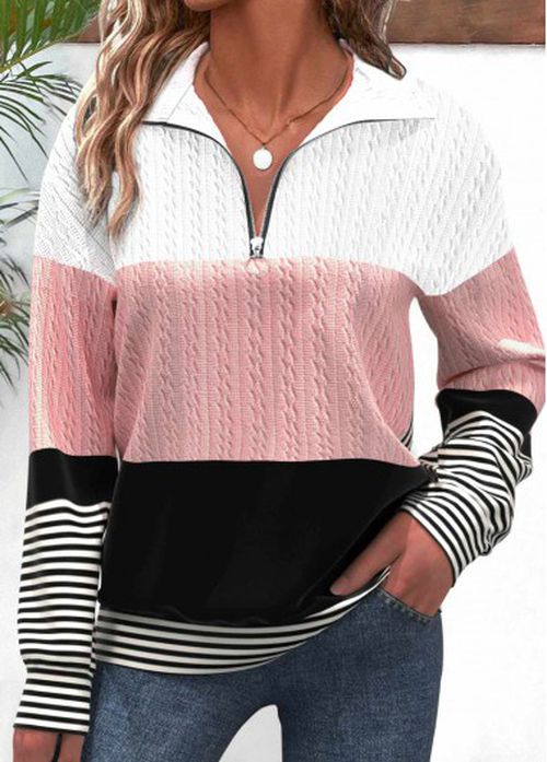 Modlily Black Patchwork Striped Long Sleeve Turn Down Collar Sweatshirt