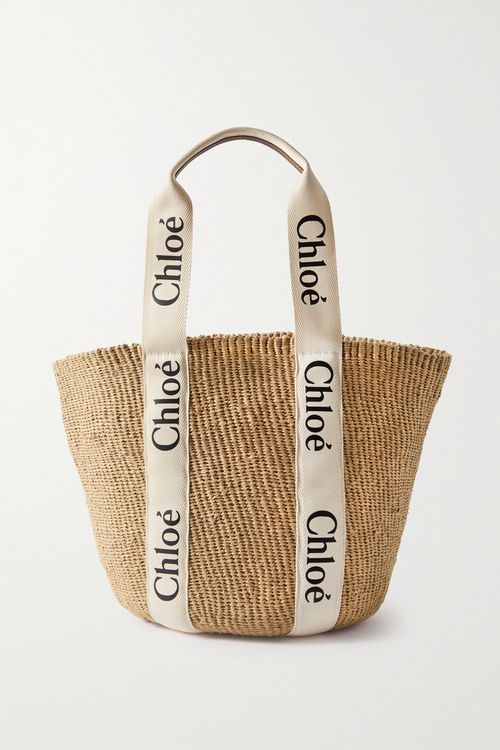 Woody Large Leather-trimmed Raffia Tote