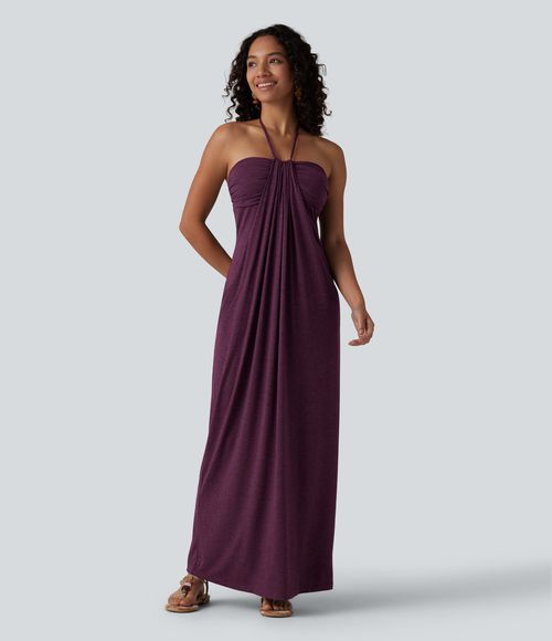 Halter Tie Back Built-in Bra Maxi Dress with Pockets Casual Dress - Sassafras