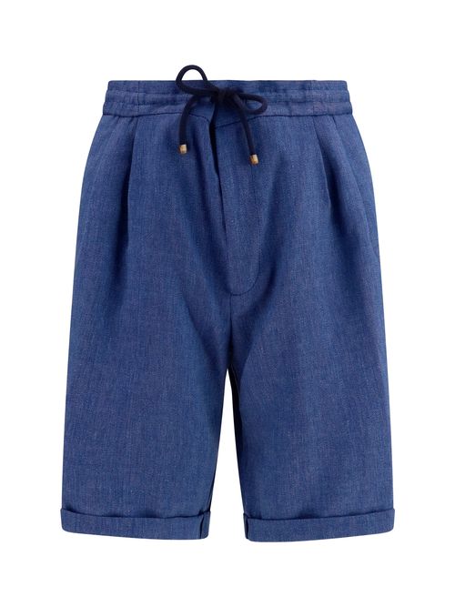 Linen and Merino Wool Chevron Bermuda Shorts — Blue