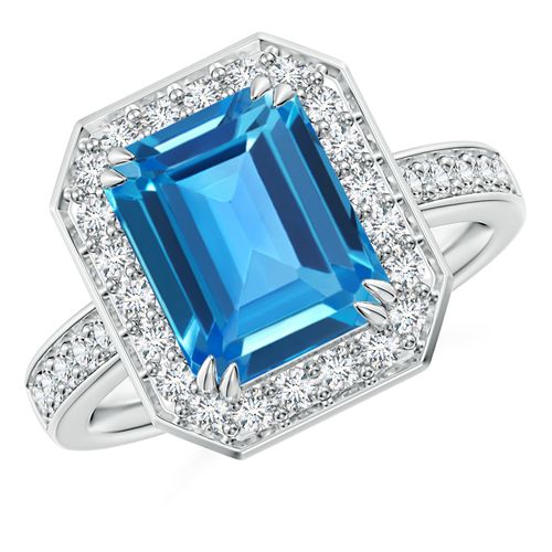Angara 4.0 Carats Emerald-Cut Swiss Blue Topaz Engagement Ring with Diamonds in Platinum