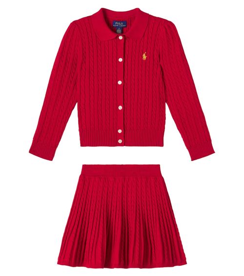 Cable-knit cotton cardigan and skirt set