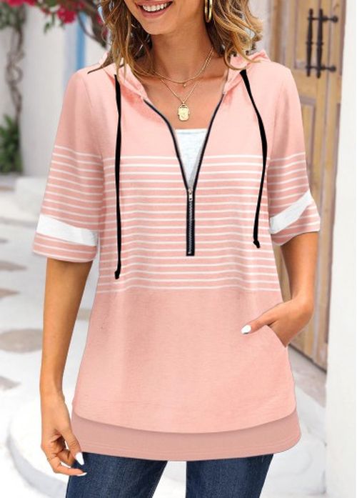 Modlily Dusty Pink Pocket Striped Half Sleeve Hoodie