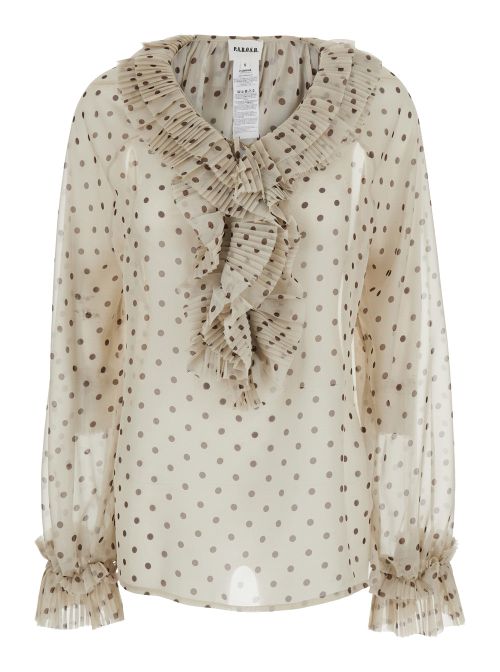 Polka-Dot Tech Fabric with Ruffles Blouse — Beige