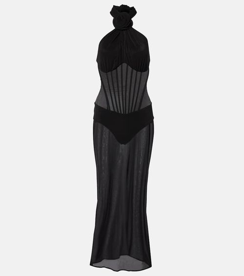 Floral-appliqué sheer cocktail dress