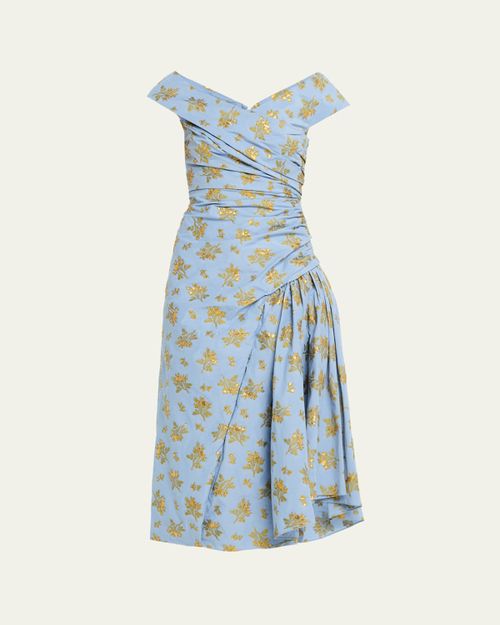 Metallic Floral Fil Coupe Draped V-Neck Midi Dress