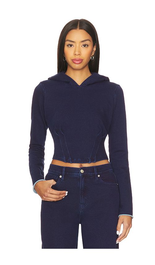 Good American Jeanius Corset Hoodie in Blue.  XXXXL/4X. Also in L, M, S, XL/1X, XS, XXL/2X, XXXL/3X