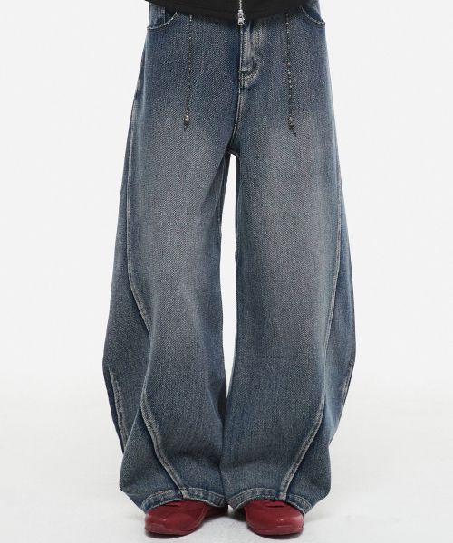 Sashiko Curved Denim Pants Blue