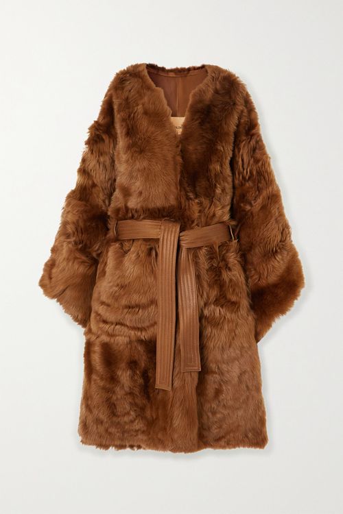 Belted Shearling Cape - Brown - FR36