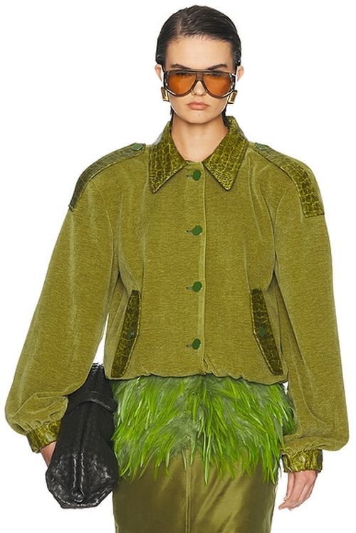 Rowen Rose Crop Bomber Jacket in Green - Green. S also in