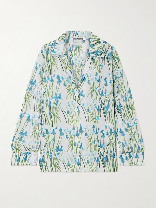 Louis Embroidered Embellished Silk Pajama Shirt - Blue