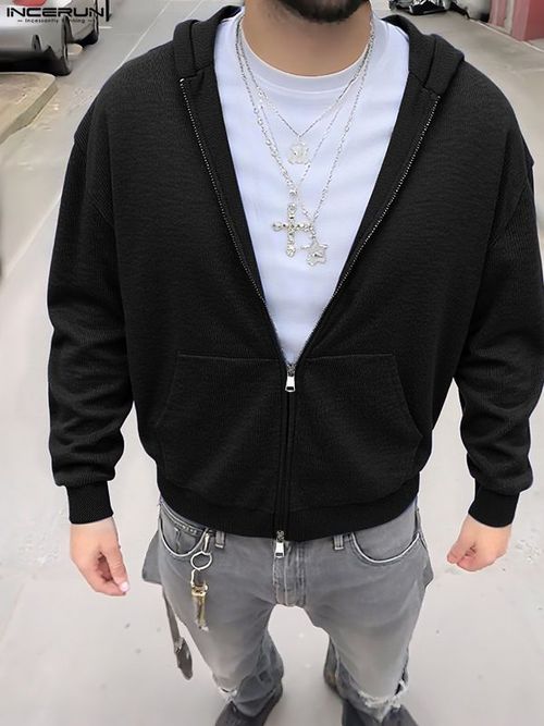 Men's Solid Color Textured Hooded Long Sleeve Sweater SKUL30571 - Black / S