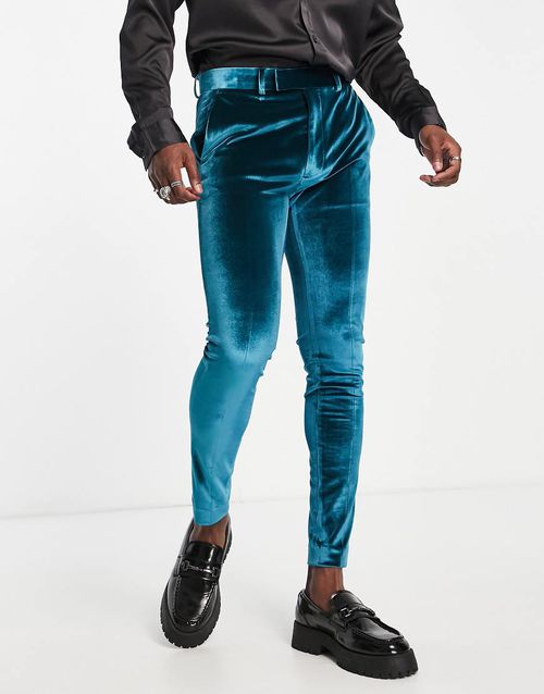 Super skinny suit trousers in dark teal velvet-Green