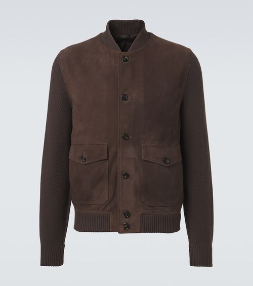 Cotton-trimmed suede bomber jacket