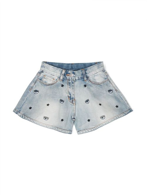 Embroidered Eye-like denim shorts - Blue