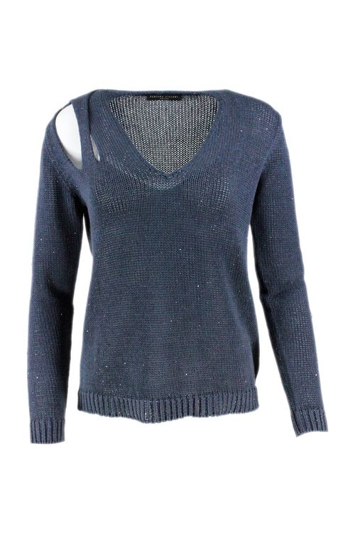 V-neck Sweater In Cotton And Linen With Woven Sequins Open On The Shoulder