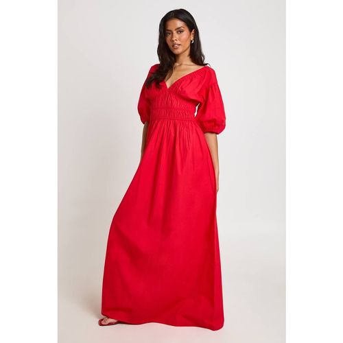 Boohoo Women's Cotton Poplin Shirred Bodice V Neck Puff Sleeve Maxi Dress in Red