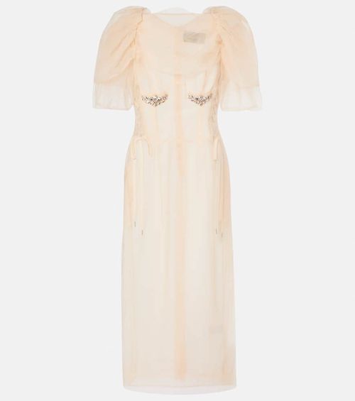 Embellished ruched mesh midi dress