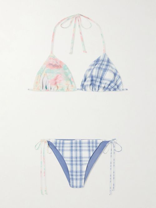 Eini Floral-printed And Checked Bikini - Blue