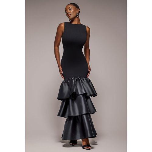 Goddiva Boat Neck Satin & Scuba Crepe Tiered Maxi Dress - Black