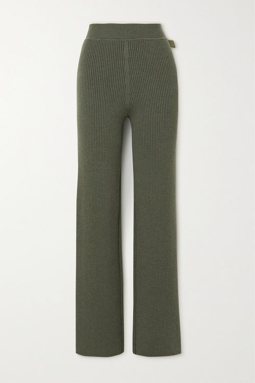 Ribbed Wool Wide-leg Pants - Green - x small
